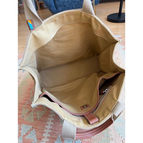 Ubuntu Life Khaki Canvas Tote Bag w Leather and Bead Trim Laptop Sleeve African - Picture 4 of 10